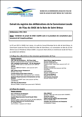 DELIBERATION DE LA CLE 2013-09 : Mise a l'enquete publique du projet de SAGE